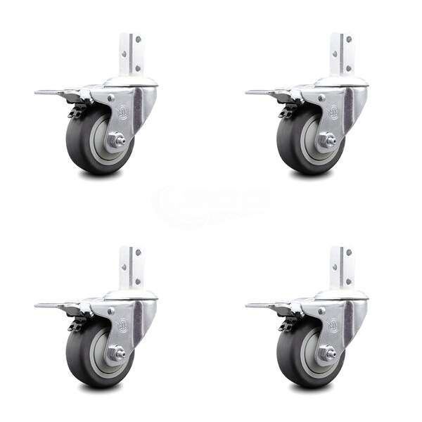 3 Inch Thermoplastic Rubber 3/4 Inch Square Stem Caster Set Total Lock Brake SCC